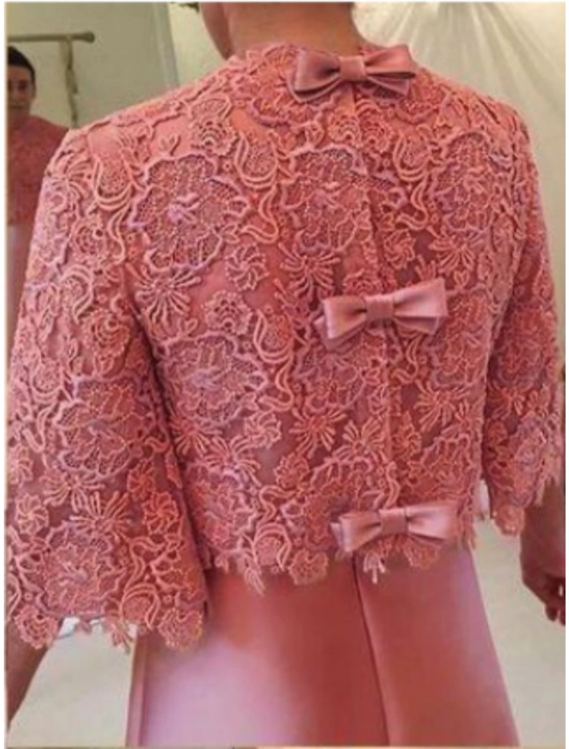 Plus Size Wedding Guest Party Dress Jewel Neck Floor Length Satin Lace 3/4 Length Sleeve Mother of the Bride Dress with Bow