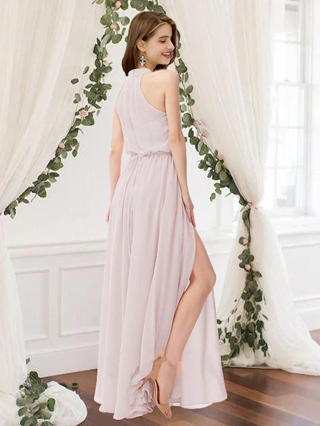 Bridesmaid Dress High Neck Sleeveless Elegant Floor Length Chiffon with Pleats / Split Front