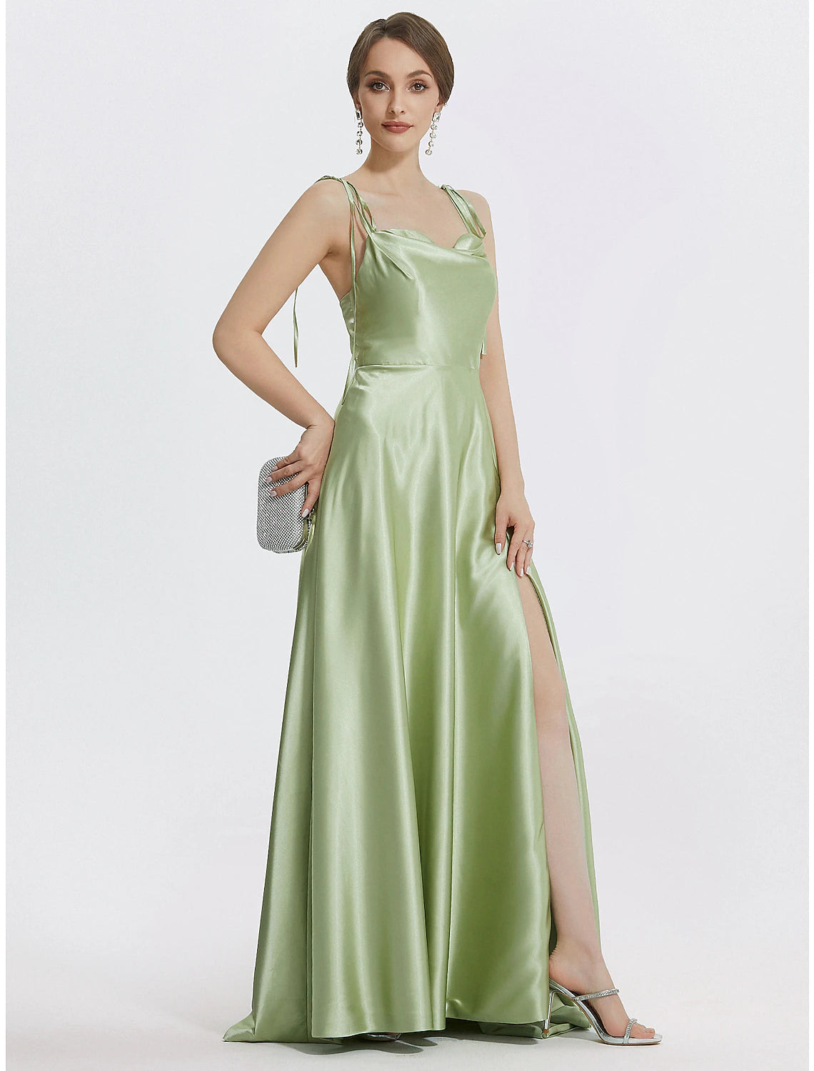 A-Line Evening Gown Elegant Dress Formal Prom Floor Length Sleeveless Spaghetti Strap Satin with Ruched Slit Strappy