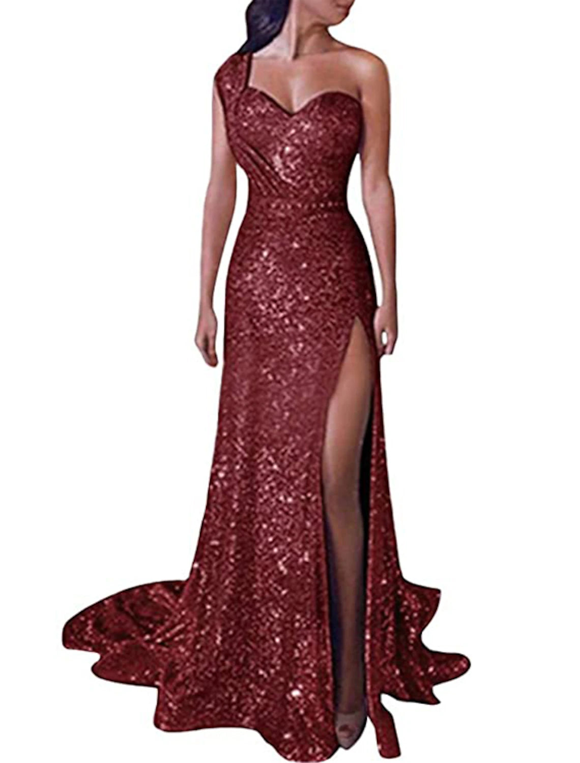 Sheath Mermaid Evening Dresses Sleek Glitter Sparking Sequins Evening Court Train Dress One Shoulder Sleeveless Party Dress  with Slit
