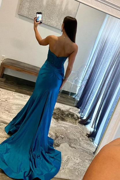 Mermaid Strapless Sweetheart Blue Appliques Prom Dress with Beading