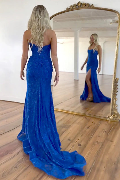 Mermaid Strapless Sweep Train Lace Prom Dress With Slit