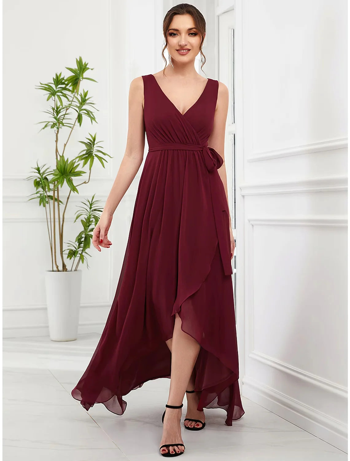 A-Line Party Dresses Elegant Dress Party Wear Asymmetrical Sleeveless V Neck Chiffon with Ruffles Strappy