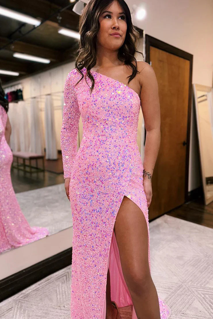 One Shoulder Long Sleeve Mermaid Sequins Long Prom Dresses with Slit