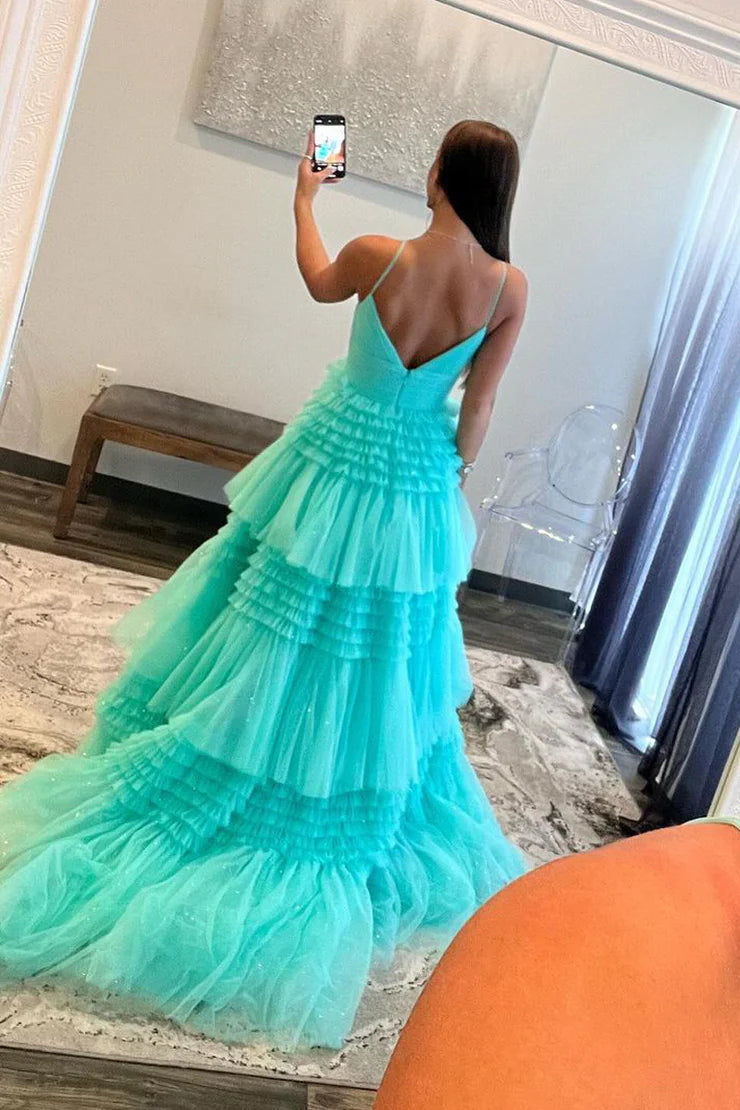 A Line Spaghetti Straps V Neck Mint Tulle Layers Long Prom Dress