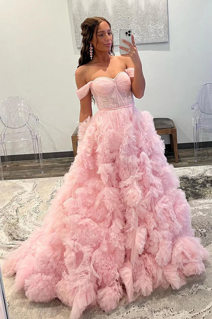 Ball Gown Princess Off the Shoulder Pink Tulle Prom Dresses with Slit