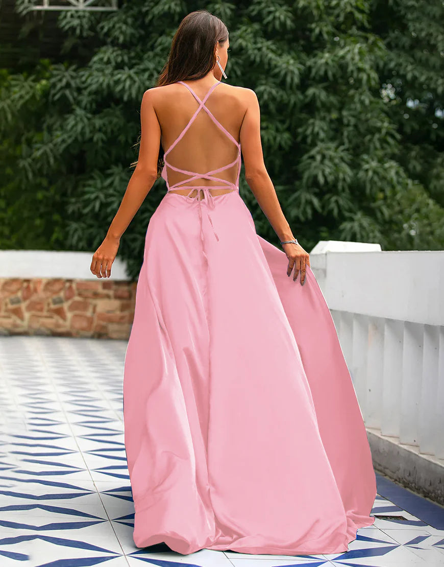 A-Line Spaghetti Straps Prom Dress  Formal Dress With Split Solid Color