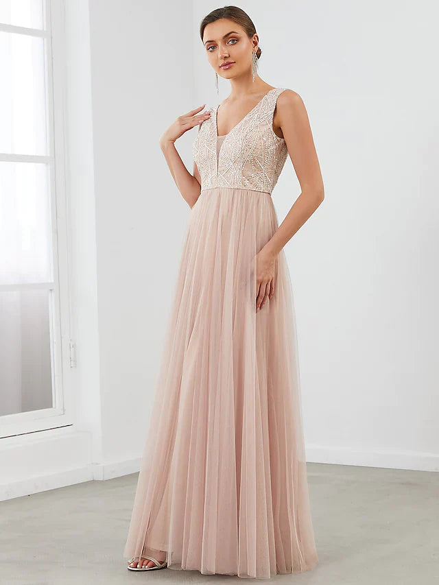 A-Line Evening Gown Elegant Dress Wedding Guest Floor Length Sleeveless V Neck Tulle V Back with Sequin Draping