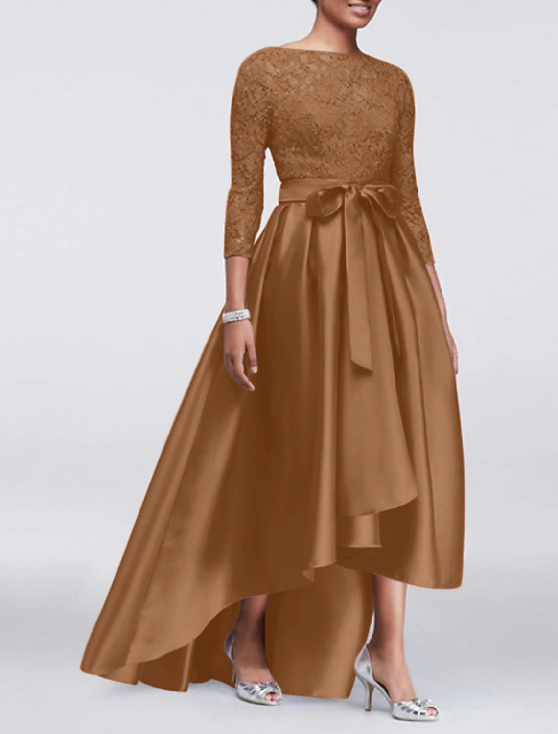 A-Line Wedding Guest Dress Plus Size Satin Lace 3/4 Length Sleeve Mother of the Bride Dress High Low Jewel Neck Asymmetrical Dress  with Sash / Ribbon Appliques