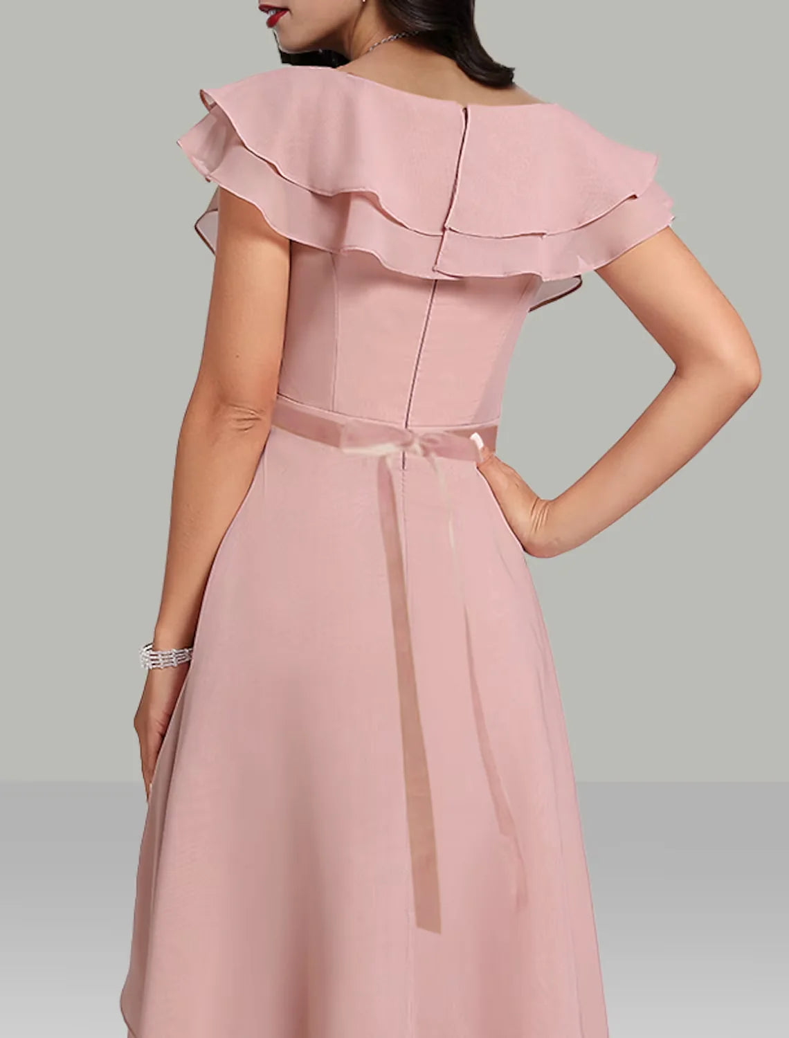 A-Line Wedding Guest Dresses Tiered Dress Cocktail Party Tea Length Short Sleeve V Neck Belt / Sash Chiffon with Beading