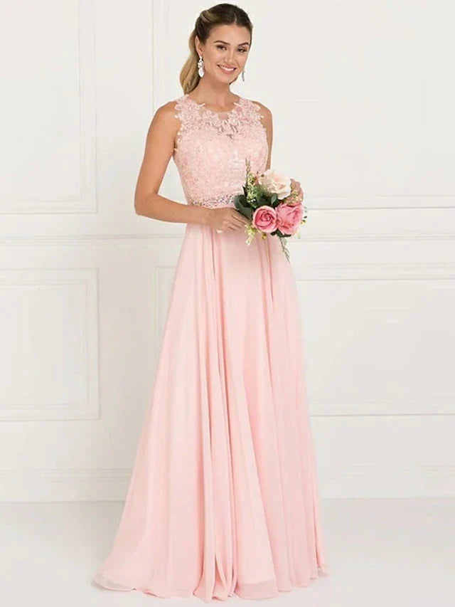 A-Line Bridesmaid Dress Jewel Neck Sleeveless Elegant Sweep / Brush Train Tulle with Lace / Sash / Ribbon