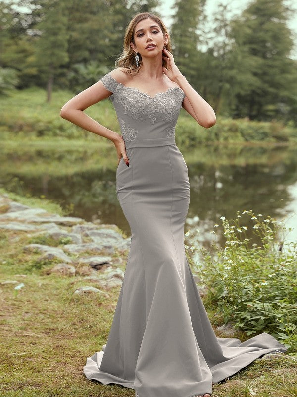 Sheath/Column Stretch Crepe Applique Off-the-Shoulder Sleeveless Sweep/Brush Train Bridesmaid Dresses