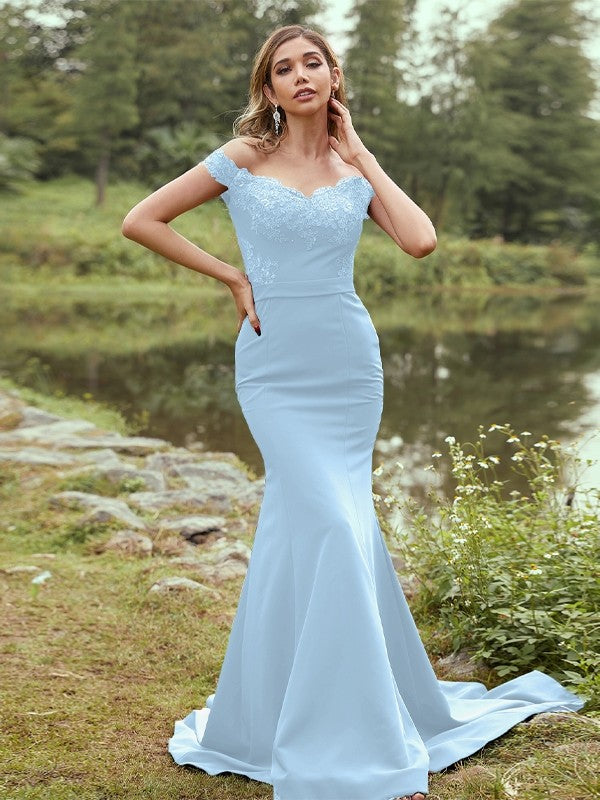 Sheath/Column Stretch Crepe Applique Off-the-Shoulder Sleeveless Sweep/Brush Train Bridesmaid Dresses