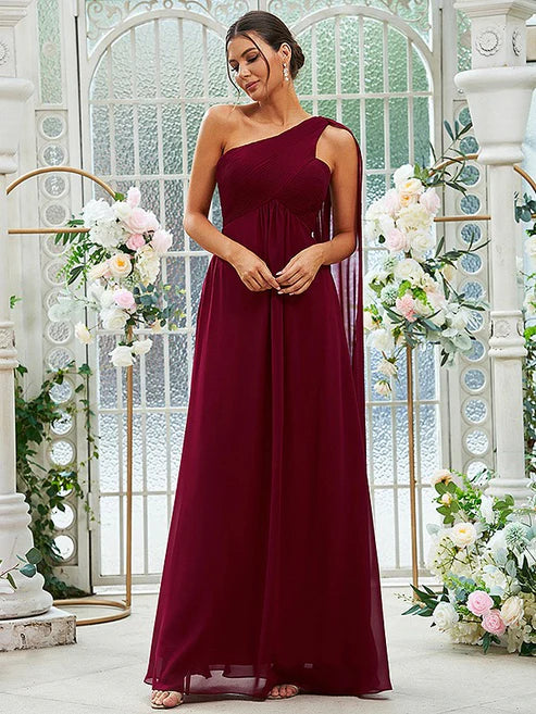 A-Line/Princess Chiffon Ruched One-Shoulder Sleeveless Floor-Length Bridesmaid Dresses Party Dresses Wedding Guest Dresses