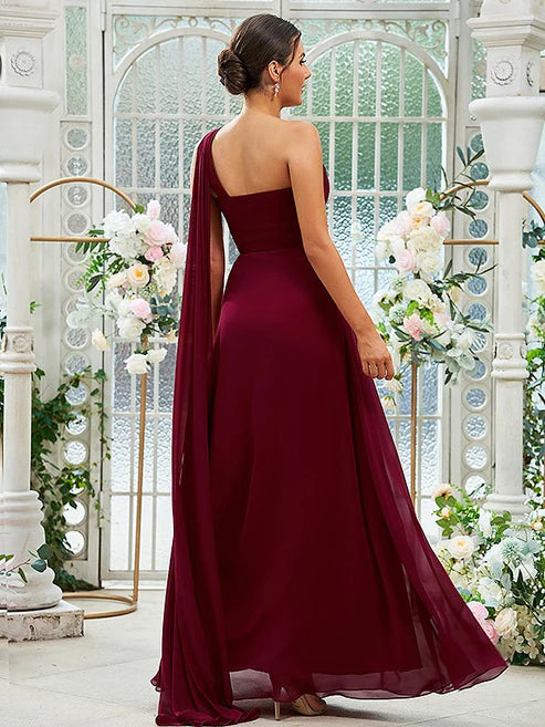 A-Line/Princess Chiffon Ruched One-Shoulder Sleeveless Floor-Length Bridesmaid Dresses Party Dresses Wedding Guest Dresses