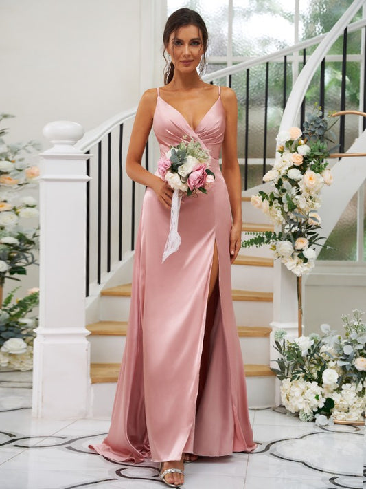 A-Line/Princess Silk like Satin Ruched V-neck Sleeveless Floor-Length Bridesmaid Dresses