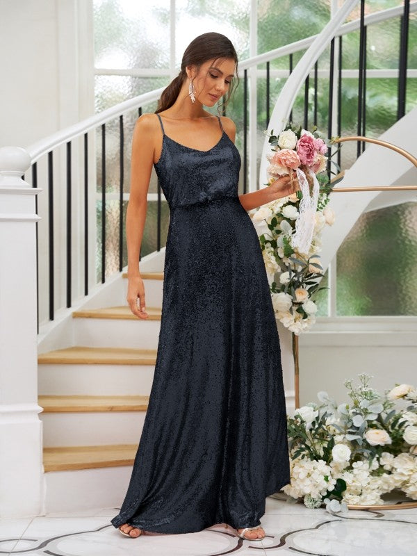 A-Line/Princess Sequins Ruched Straps Sleeveless Floor-Length Bridesmaid Dresses