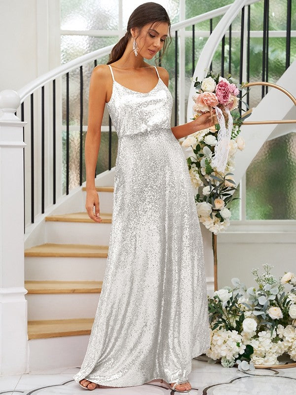 A-Line/Princess Sequins Ruched Straps Sleeveless Floor-Length Bridesmaid Dresses