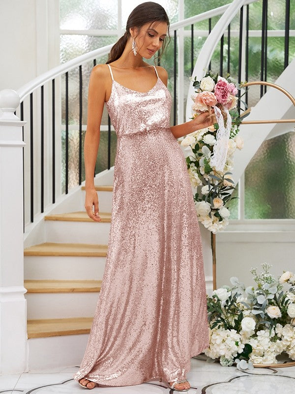 A-Line/Princess Sequins Ruched Straps Sleeveless Floor-Length Bridesmaid Dresses