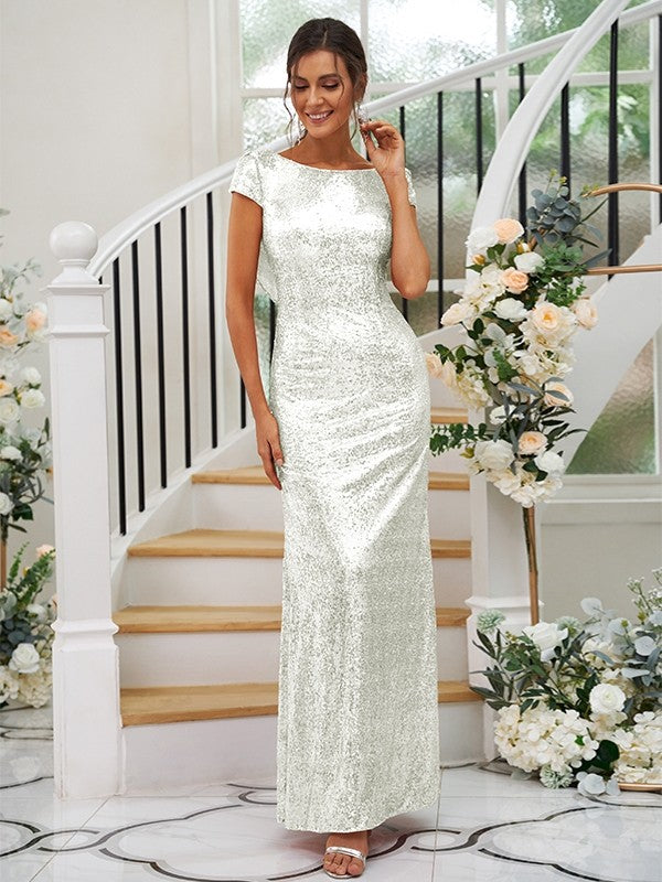 Sheath/Column Sequins Ruched Scoop Short Sleeves Floor-Length Bridesmaid Dresses