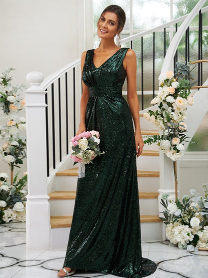 Sheath/Column Sequins Ruched V-neck Sleeveless Sweep/Brush Train Bridesmaid Dresses