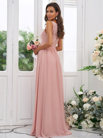 A-Line/Princess Chiffon Applique Square Sleeveless Floor-Length Bridesmaid Dresses