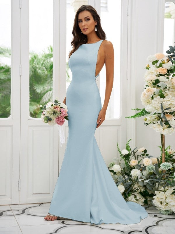 Sheath/Column Stretch Crepe Ruffles Square Sleeveless Sweep/Brush Train Bridesmaid Dresses