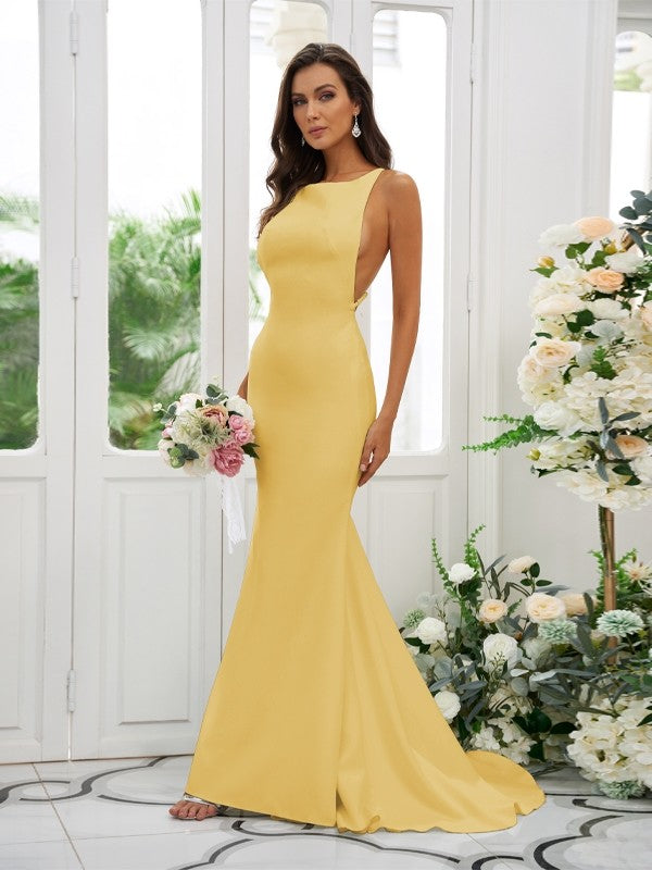 Sheath/Column Stretch Crepe Ruffles Square Sleeveless Sweep/Brush Train Bridesmaid Dresses