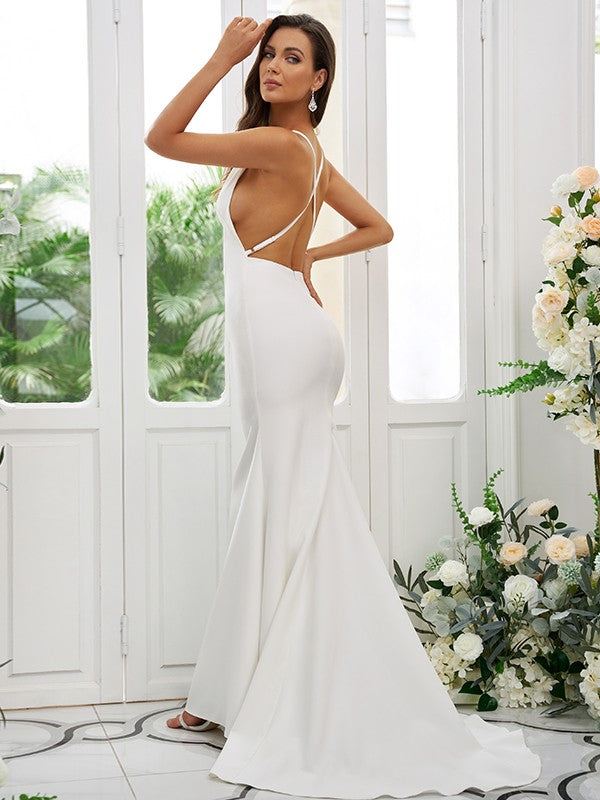 Sheath/Column Stretch Crepe Ruffles Square Sleeveless Sweep/Brush Train Bridesmaid Dresses