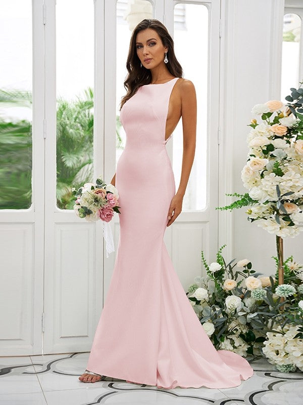 Sheath/Column Stretch Crepe Ruffles Square Sleeveless Sweep/Brush Train Bridesmaid Dresses