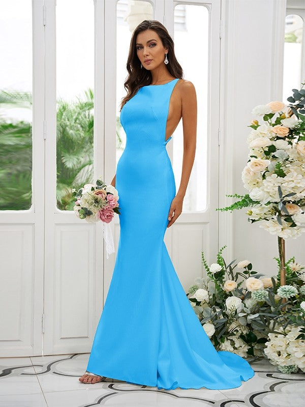 Sheath/Column Stretch Crepe Ruffles Square Sleeveless Sweep/Brush Train Bridesmaid Dresses