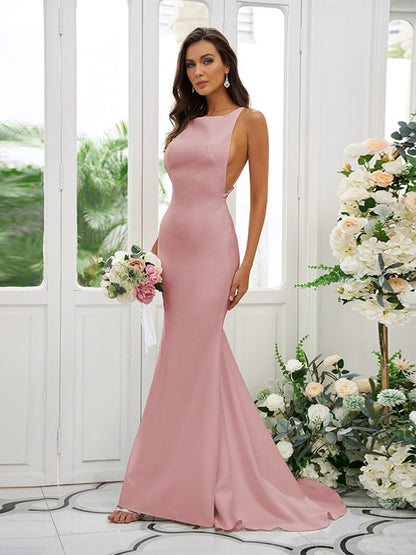 Sheath/Column Stretch Crepe Ruffles Square Sleeveless Sweep/Brush Train Bridesmaid Dresses