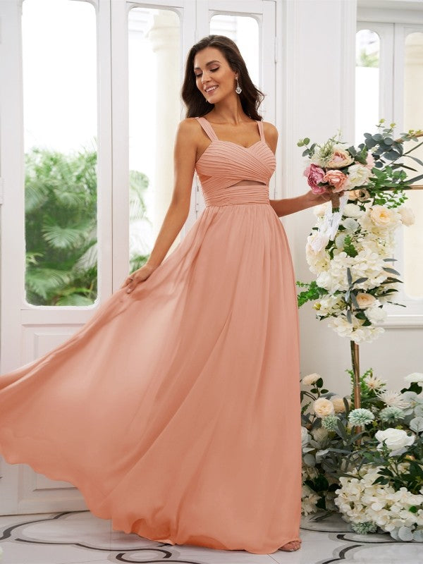 A-Line/Princess Chiffon Ruched Straps Sleeveless Floor-Length Bridesmaid Dresses