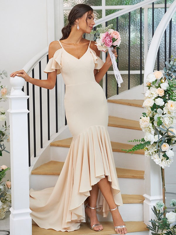 Trumpet/Mermaid Stretch Crepe Ruffles V-neck Sleeveless Asymmetrical Bridesmaid Dresses