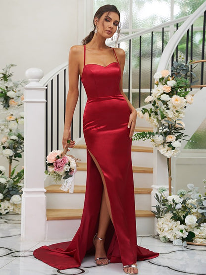 Sheath/Column Elastic Woven Satin Ruched Square Sleeveless Sweep/Brush Train Bridesmaid Dresses