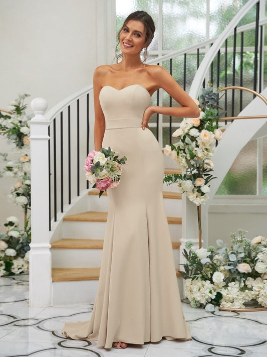 Trumpet/Mermaid Stretch Crepe Ruffles Strapless Sleeveless Sweep/Brush Train Bridesmaid Dresses