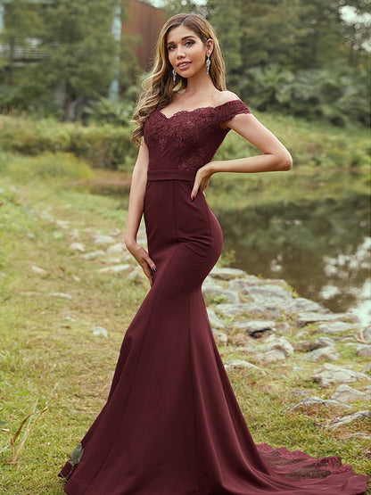 Sheath/Column Stretch Crepe Applique Off-the-Shoulder Sleeveless Sweep/Brush Train Bridesmaid Dresses