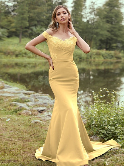 Sheath/Column Stretch Crepe Applique Off-the-Shoulder Sleeveless Sweep/Brush Train Bridesmaid Dresses