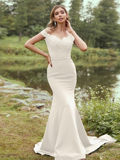 Sheath/Column Stretch Crepe Applique Off-the-Shoulder Sleeveless Sweep/Brush Train Bridesmaid Dresses