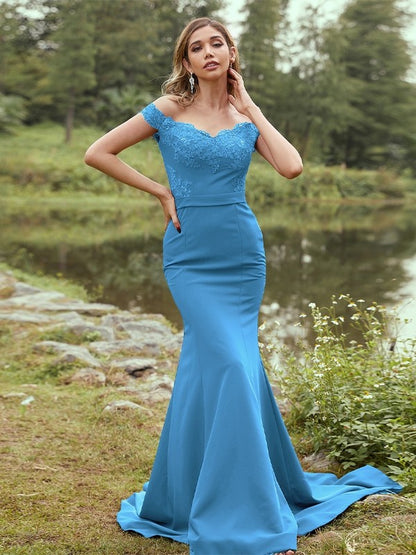 Sheath/Column Stretch Crepe Applique Off-the-Shoulder Sleeveless Sweep/Brush Train Bridesmaid Dresses