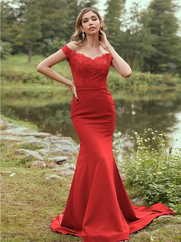 Sheath/Column Stretch Crepe Applique Off-the-Shoulder Sleeveless Sweep/Brush Train Bridesmaid Dresses