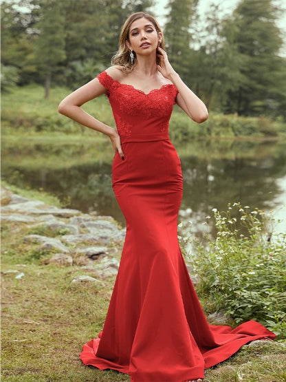 Sheath/Column Stretch Crepe Applique Off-the-Shoulder Sleeveless Sweep/Brush Train Bridesmaid Dresses