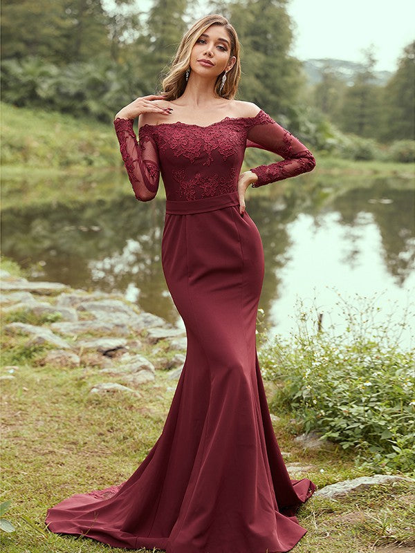 Sheath/Column Stretch Crepe Applique Off-the-Shoulder Long Sleeves Sweep/Brush Train Bridesmaid Dresses