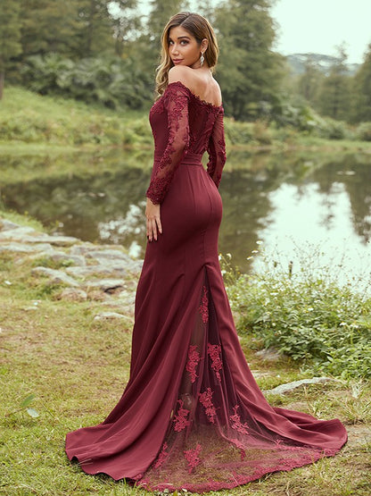 Sheath/Column Stretch Crepe Applique Off-the-Shoulder Long Sleeves Sweep/Brush Train Bridesmaid Dresses