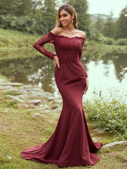 Sheath/Column Stretch Crepe Applique Off-the-Shoulder Long Sleeves Sweep/Brush Train Bridesmaid Dresses