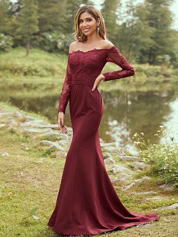 Sheath/Column Stretch Crepe Applique Off-the-Shoulder Long Sleeves Sweep/Brush Train Bridesmaid Dresses