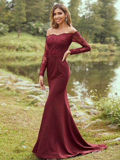 Sheath/Column Stretch Crepe Applique Off-the-Shoulder Long Sleeves Sweep/Brush Train Bridesmaid Dresses