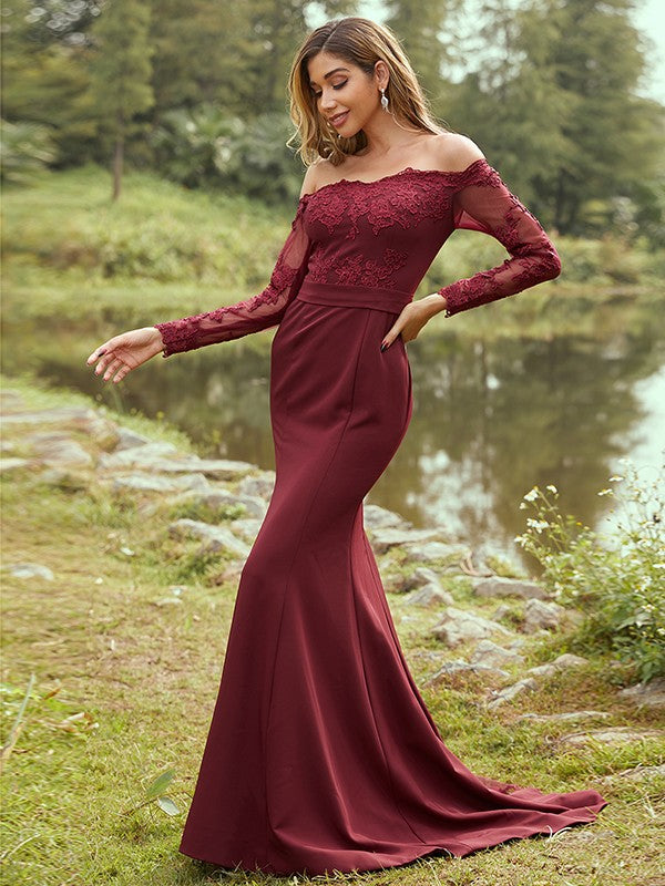 Sheath/Column Stretch Crepe Applique Off-the-Shoulder Long Sleeves Sweep/Brush Train Bridesmaid Dresses