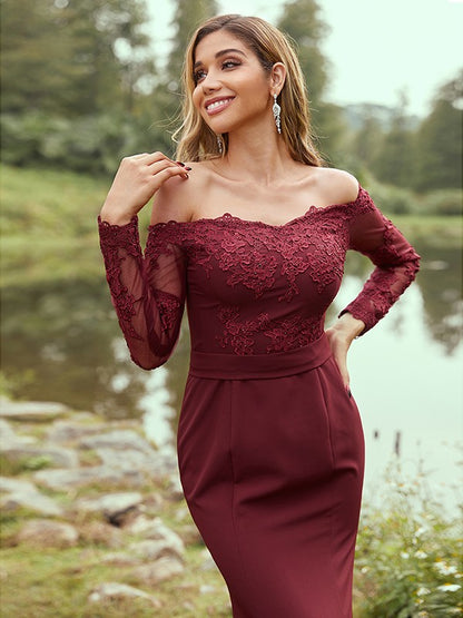 Sheath/Column Stretch Crepe Applique Off-the-Shoulder Long Sleeves Sweep/Brush Train Bridesmaid Dresses