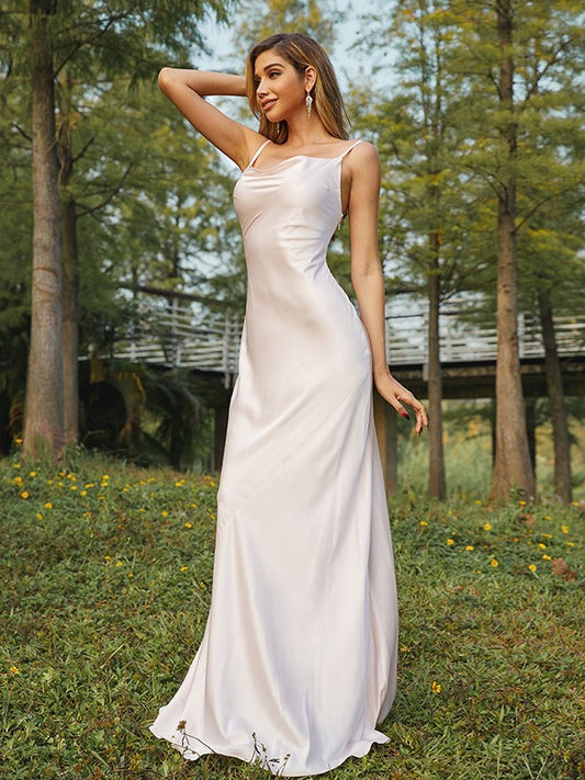 Sheath/Column NS Elastic Woven Satin Ruched Spaghetti Straps Sleeveless Sweep/Brush Train Bridesmaid Dresses